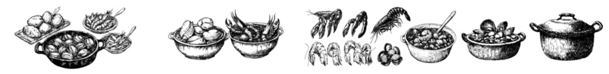 Vintage modern sketch of a seafood dish including soup, oysters, shrimp, mussels, and tacos.