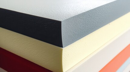 A detailed close-up image of stacked vibrant foam sheets, showcasing an array of colors and textures in a neatly organized manner emphasizing artistic beauty.