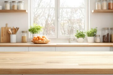 Bright Minimalist Kitchen with Wooden Countertop and Frosted Glass Window