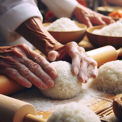 Hands Rolling Rice Balls during a Culinary Festival various Show