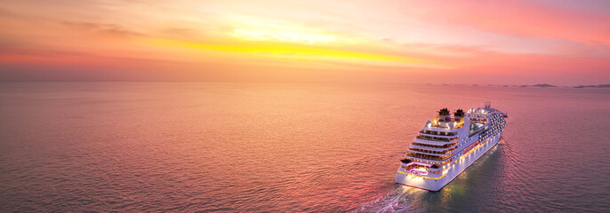 Cruise Ship at sunset, Cruise Liners beautiful white cruise ship above luxury cruise in the ocean...
