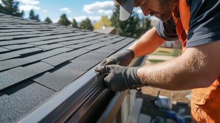 A worker intently positions metal flashing on a shingled roof edge, indicating dedication to achieving long-term structural integrity and overall efficiency in water diversion.