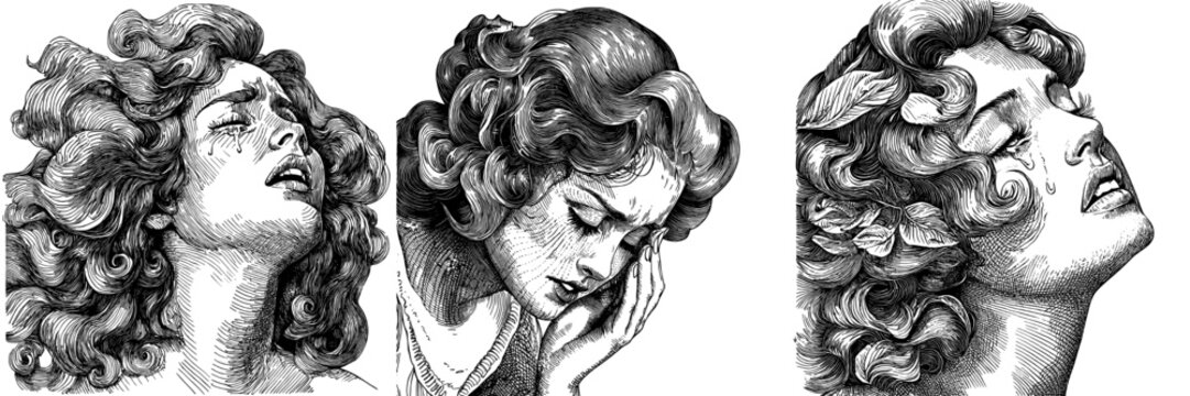 Crying woman with tears streaming down her face and smudged mascara. Sketch engraving generative AI raster illustration simulating scratch board. Black and white.
