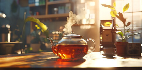 A glass teapot pours tea into a cup on a wooden