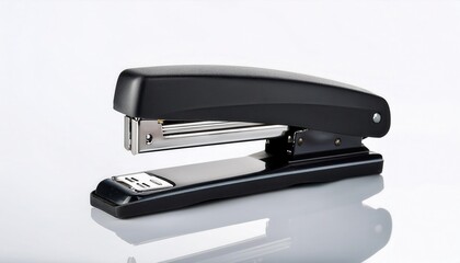 A sleek black stapler on a clean, reflective surface. white background