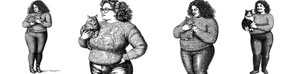 Fototapeta premium Isolated white background with woman holding cute cat hugging. Funny adorable cat in arms of woman. Flat modern illustration of girl blessing, cuddling lovely fluffy friend.