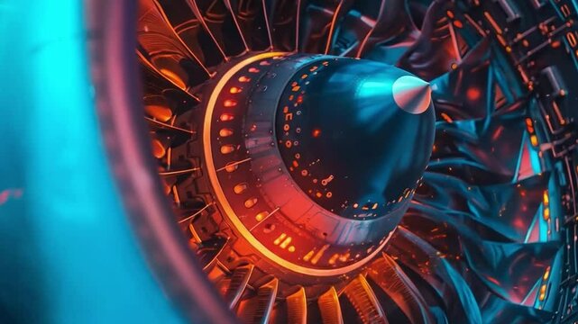 Close Up of Jet Engine Turbine Engineering Marvel of Aviation Technology Showcasing Intricate Details, Vibrant Colors, and Blend of Metal and Innovation.
