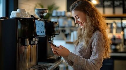 Smiling young Caucasian woman using smartphone at a modern coffee shop.