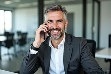 Professional man in office, mid-40s, beard, smartphone