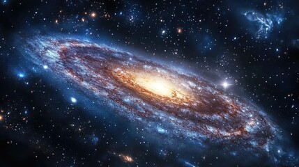 A stunning spiral galaxy illuminated by a warm core, surrounded by a sea of stars and cosmic dust.