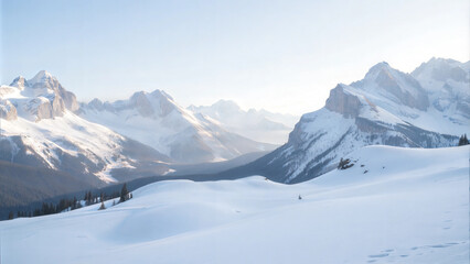 Winter landscape showing snow-covered mountains and a serene atmosphere with copy space
