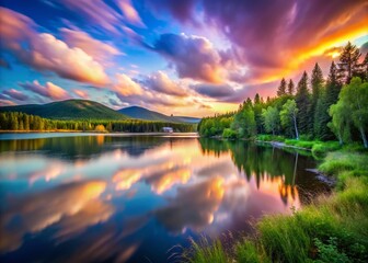 Captivating Long Exposure of Kokshetau's Serene Lakes and Lush Landscape at Twilight, Showcasing Nature's Beauty and Tranquility in a Stunning Visual Experience