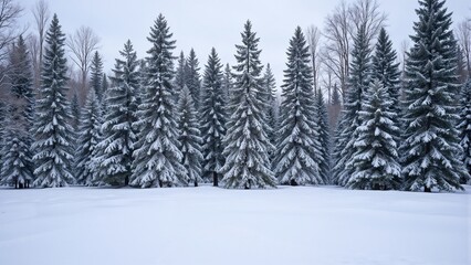 Fototapeta premium Snow-covered evergreen trees in a winter landscape with a serene atmosphere