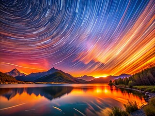 Captivating Long Exposure of the Celestial Sky at Dusk, Showcasing Vibrant Colors and Star Trails in a Serene Landscape, Perfect for Nature and Astronomy Enthusiasts