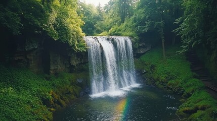 Obraz premium A stunning waterfall cascades through lush greenery, creating a serene atmosphere complemented by a vibrant rainbow.