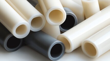 The image features a close-up view of a collection of plastic pipes in white and gray, arranged in an overlapping composition, ideal for industrial-themed design.