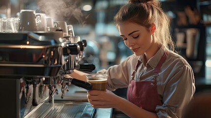 Naklejka premium Young Caucasian woman barista skillfully prepares coffee in a cozy café setting.
