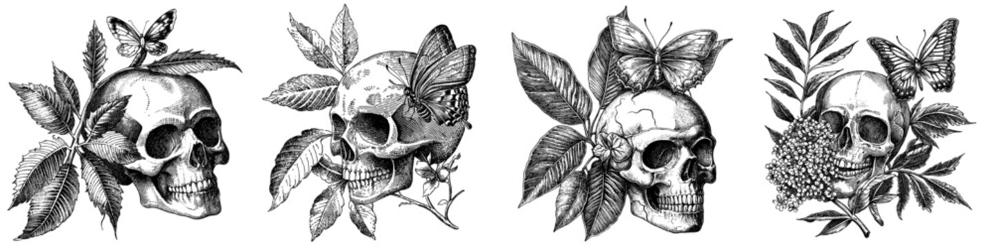 Skull with butterfly and leaf. Retro skull head bone, tattoo design. Hand-drawn engraved modern illustration, spooky creepy dead face. Outlined hand-drawn engraved modern illustration isolated on