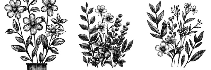 Wild flowers with doodles and line art in an illustration style