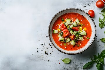 Gazpacho in bowl with white background. 