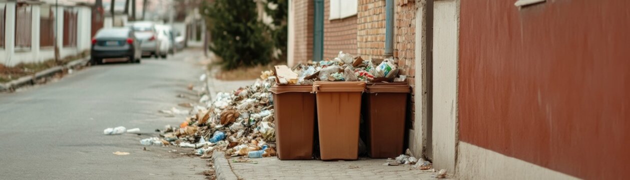 Littered street scene with overflowing trash bins and garbage on the pavement.