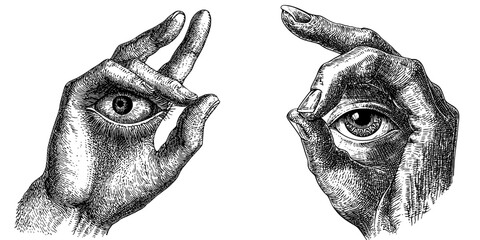 Hand making an OK gesture with an eye in the palm. Sketch engraving generative raster illustration. Scratch board imitation.