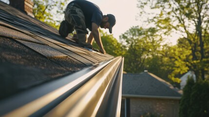 A dedicated technician focuses on securing gutters along a roof, showcasing the tranquility of suburban life during golden hour.