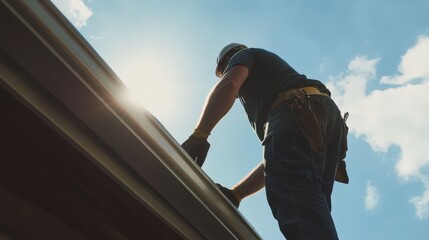 A dedicated roof specialist tirelessly installs gutters in bright sunlight, focusing on precision and excellence under a clear blue sky.