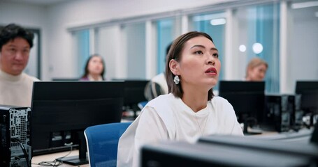 Japanese woman, students and computer science in lab for lesson, education and learning for degree. Group, people and classroom in university or college fro skill, language and scholarship in school