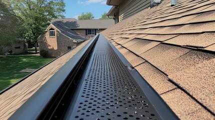 A rooftop is seen with a sleek, modern metal gutter system, the background featuring a bright blue sky and neighborhood environment.