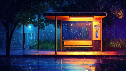 an empty bus stop at night, with a bench and a light on the side, and raindrops, in the style of anime