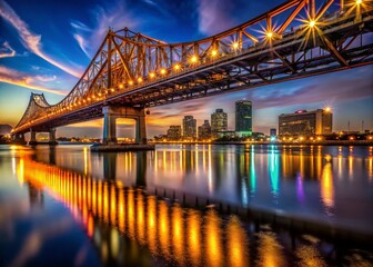 Captivating Low Light Photography of a New Orleans Bridge Illuminated at Night with Reflections on Water and Surrounding Cityscape