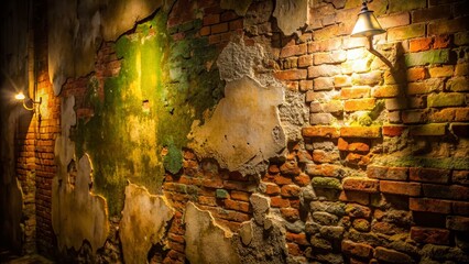 Fototapeta premium Captivating Low Light Photography of a Rustic Wall Structure, Showcasing Textures and Shadows, Evoking a Sense of Depth and Mystery in Dimly Lit Environments