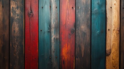 A captivating image of vertically aligned wooden planks painted in vivid red, blue, and brown, offering a dynamic and rustic aesthetic, perfect for backgrounds.