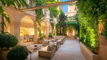 Naklejka premium Luxurious Roman Inspired Terrace with Stylish Outdoor Furniture, Lush Plants, Decorative Tiles, and Ambient Lighting for Relaxation and Social Gatherings