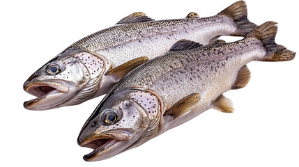 Two fresh trout with detailed skin and lively expressions on a white background.