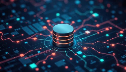 Illustrated database monitoring background with a stylized database icon, glowing data grids, and dynamic flow lines, perfect for slides.