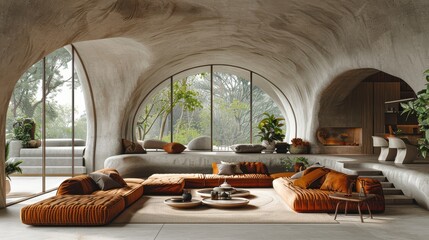 Fototapeta premium Modern Underground Living Room with Rounded Walls and Arched Window