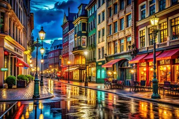 Fototapeta premium Captivating Low Light Photography of Urban Landscapes at Night with Vibrant Colors and Soft Glows Emphasizing Shadows and Highlights for Stock Image Collection