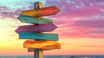 Colorful Wooden Signpost at Sunset - obrazy, fototapety, plakaty