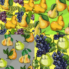 Seamless Pattern with grapes and pear. Color sketch style hand drawn background. Detailed illustration, hand drawn. Great for fabric and textile, prints, invitation, packaging