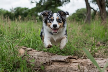 Australian Shepherd Jumping Over a Log