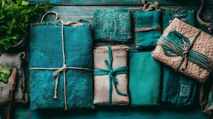 Handmade textiles display rustic workshop crafting process cozy atmosphere overhead angle artisanal beauty