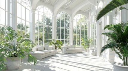 Fototapeta premium Contemporary Roman Sunroom Oasis with Comfortable Seating and Natural Light Infusion