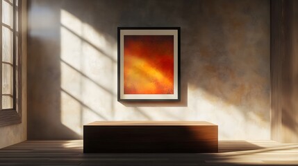 45. A wooden podium with a high-end art print framed and displayed in an art gallery with dramatic lighting