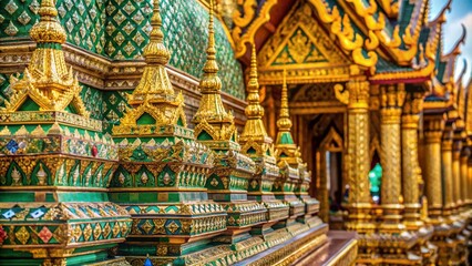 Fototapeta premium Captivating Macro Photography of Wat Phra Kaew's Intricate Details at the Emerald Buddha Palace in Bangkok, Showcasing Thailand's Rich Cultural Heritage and Architectural Beauty