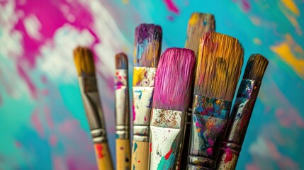 Obraz premium Paint Brushes with Color Splatter Background