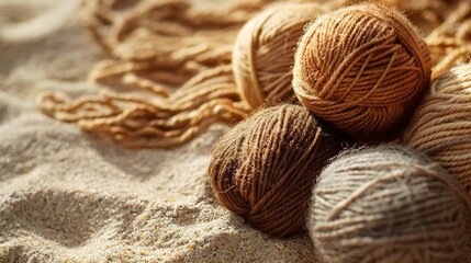The samples of brown wool on a sandy surface