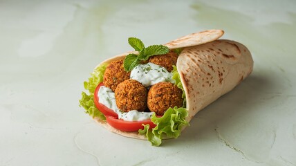 Delicious falafel wrap with fresh salad, mint, creamy sauce on white background