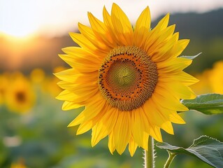 Obraz premium A vibrant sunflower basking in the golden glow of sunset, surrounded by a field of blossoms, radiating beauty and warmth.